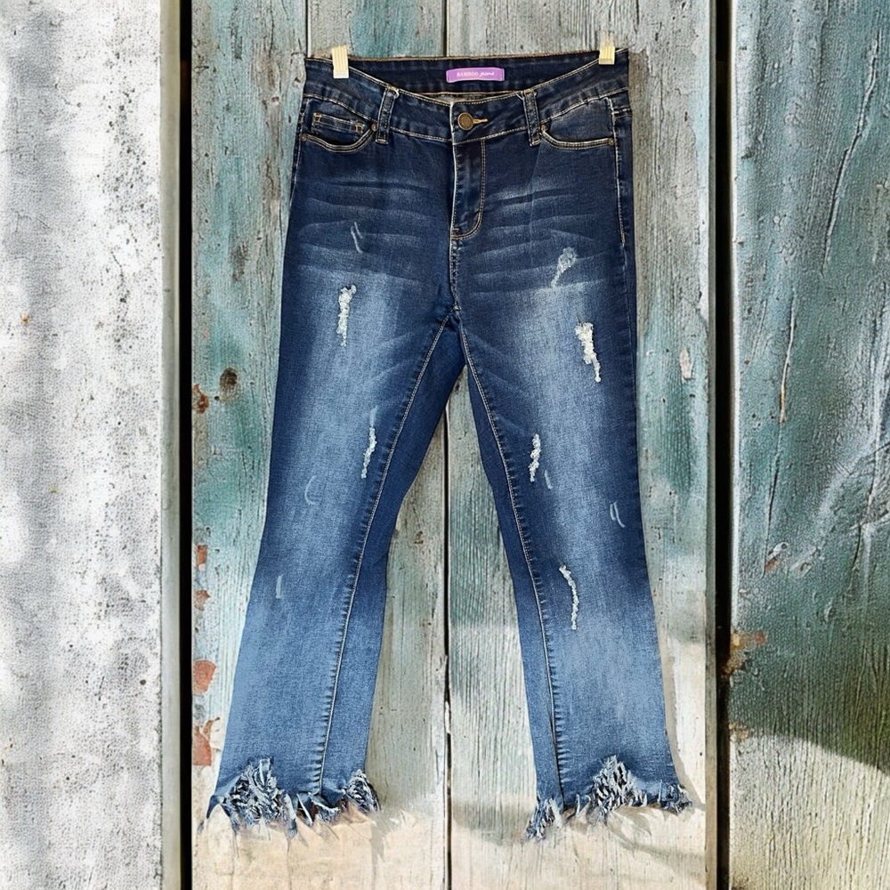 Bamboo Jeans Denim Blue Dark Hombre Wash Ripped Shredded Hem Women’s Sz 9
